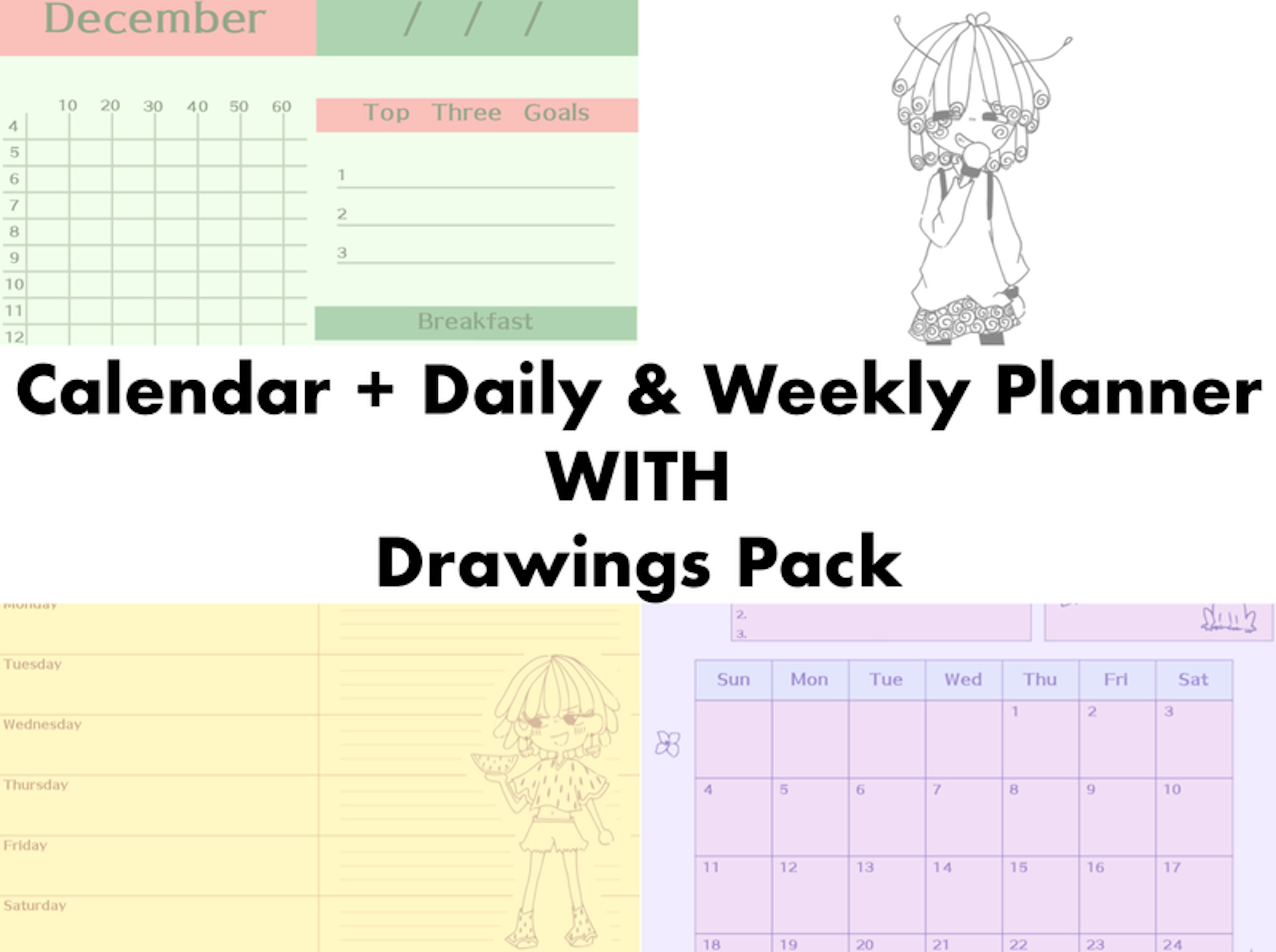 Calendar, Daily, Weekly + Drawings Pack
